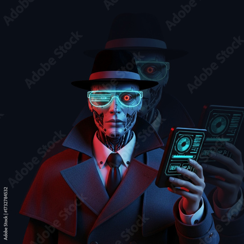 Cyborg Detective with Neon Glasses and Retro Data Pad in Futuristic Noir Coat Vector