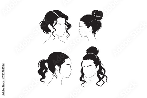 Four stylized line drawings of women s hairstyles