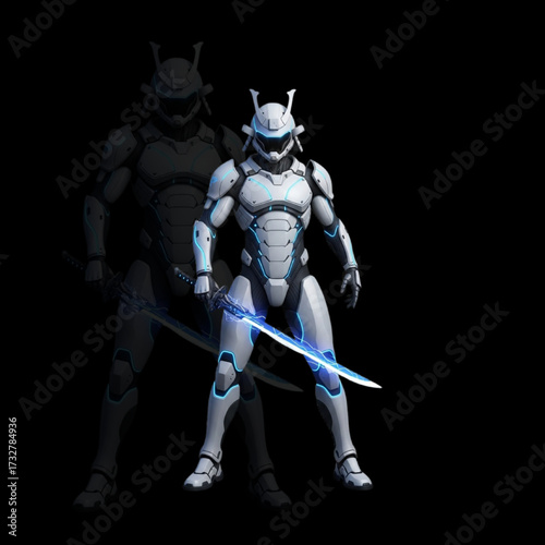 Futuristic Samurai Pilot Hybrid in Exo Suit with Energy Blade Poses on White Background Vector