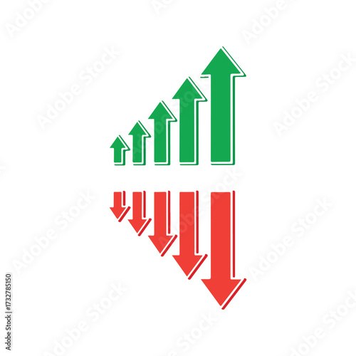 Green upward and red downward arrow set representing success and failure, growth and decline, market movement, business performance, analytics, finance, and economic strategies.