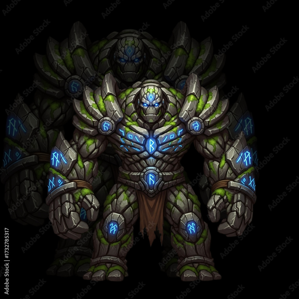 Obraz premium Stone Golem Warrior with Moss Rock Skin and Glowing Ancient Runes in Powerful Fantasy Vector