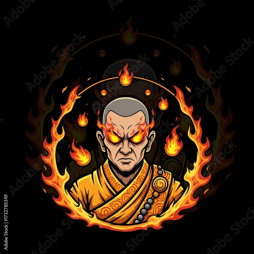 Fire Monk with Flaming Beads and Blazing Eyes in Saffron Robe Flame Aura Esport Logo Vector