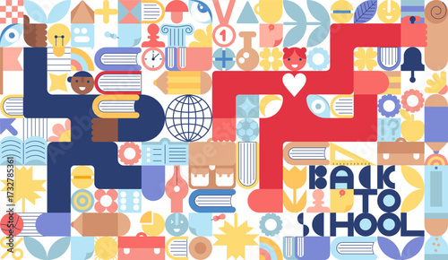 Back to school. Students, Backpacks, school items, stationery, books  cartoon style.  Simple Geometry Vector design for study, school, university