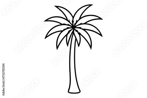 Single black outline showcases a tropical palm tree with broad leaves and trunk