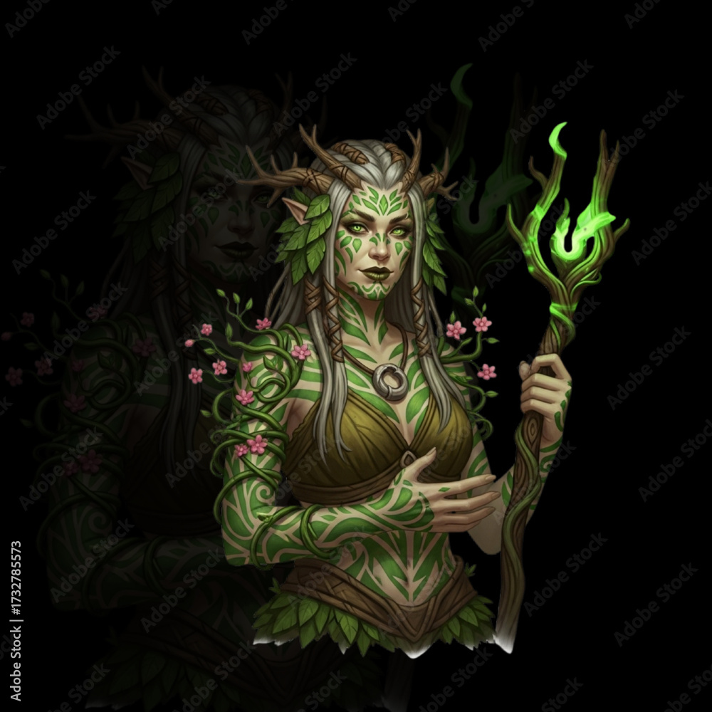 Fototapeta premium Forest Druid Character with Leaf Tattoos and Magical Vines Holding Energy Staff in Fantasy Vector