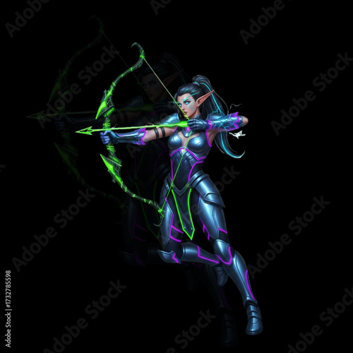 Cyber Elf Archer with Neon Bow and Metallic Armor in Futuristic Fantasy Vector Style