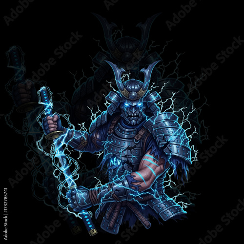 Thunder Samurai Warrior with Electric Katana and Glowing Scars in Esport Fantasy Style