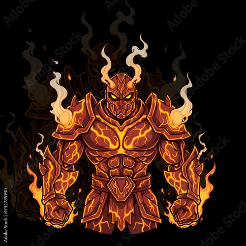 Fierce Elemental Warrior Mascot – Glowing Lava Armor, Volcanic Energy Cracks, Fantasy Cartoon Vector, Isolated on White, Epic Battle Character, Mythical Fire Hero, Bold Mascot Design