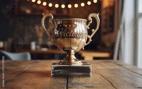 Trophy gleaming on wooden table under warm string lights celebration success achievement award