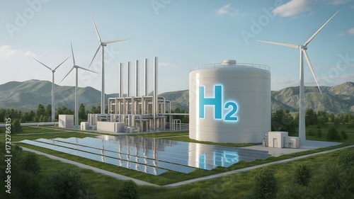 Large hydrogen storage tank at a renewable energy facility with wind turbines and solar panels, surrounded by forested hills.