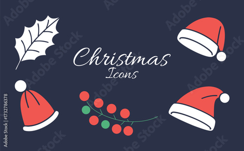 Hand drawn christmas icons including santa hats and festive lights on dark background