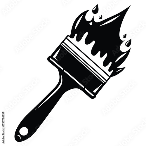 A solid black paintbrush drips with viscous paint in a art style