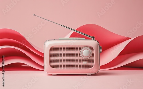 Retro pink radio with flowing fabric against a soft pink background
