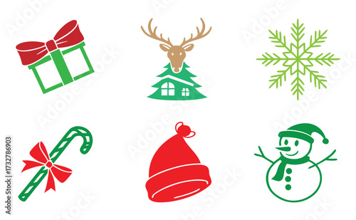 Collection of festive christmas icons including a gift reindeer snowflake candy cane hat and snowman