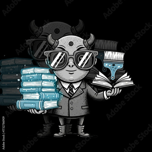 Friendly Cyclops Librarian Mascot with Glowing Books and Retrofuturistic Glasses – Stylized Flat Artisan Character Design