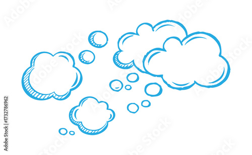 Hand drawn blue cartoon clouds and bubbles floating in the air