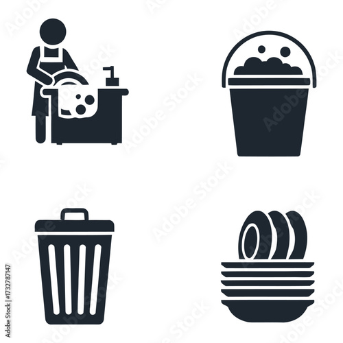 Person washing dishes bucket trash can stacked plates apron sink
