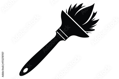 Black paintbrush depicts a tool with bristles on white background, simple and elegant