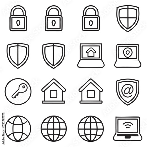 Security icons lock shield laptop globe key house vector