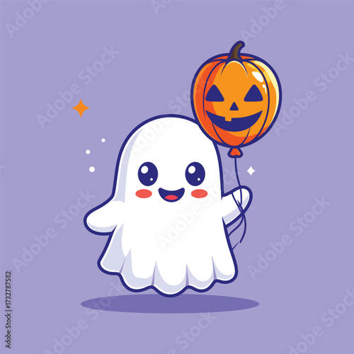 Cute ghost holding pumpkin balloon cartoon vector icon illustration people holiday isolated flat