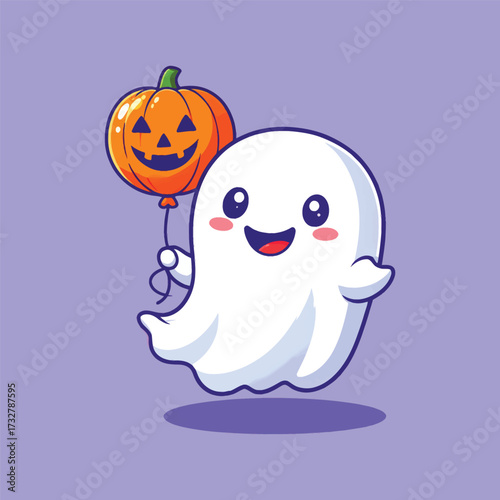 Cute ghost holding pumpkin balloon cartoon vector icon illustration people holiday isolated flat
