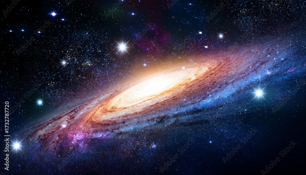 Fototapeta premium Vibrant Cosmic Galaxy With Colorful Stars And Shimmering Light In A Dark Space Background