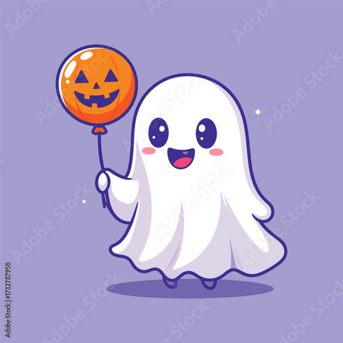 Cute ghost holding pumpkin balloon cartoon vector icon illustration people holiday isolated flat