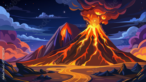 A volcano erupting in Chile, lava glowing against the dark night sky, fiery eruption, molten streams, volcanic ash rising, natural phenomenon, powerful landscape, glowing horizon, dramatic scenery,
