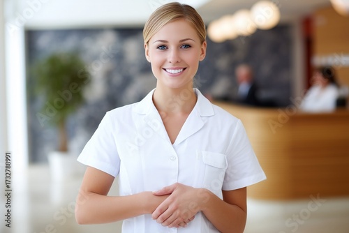 Young Caucasian woman smiles warmly, hands clasped, wearing white uniform, standing in reception area. Free Download Young Caucasian woman smiles warmly, hands clasped, wearing white uniform, standing in reception area. - GFXLoad