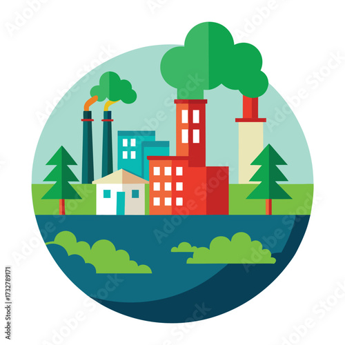 Industrial factory with trees and water buildings chimneys