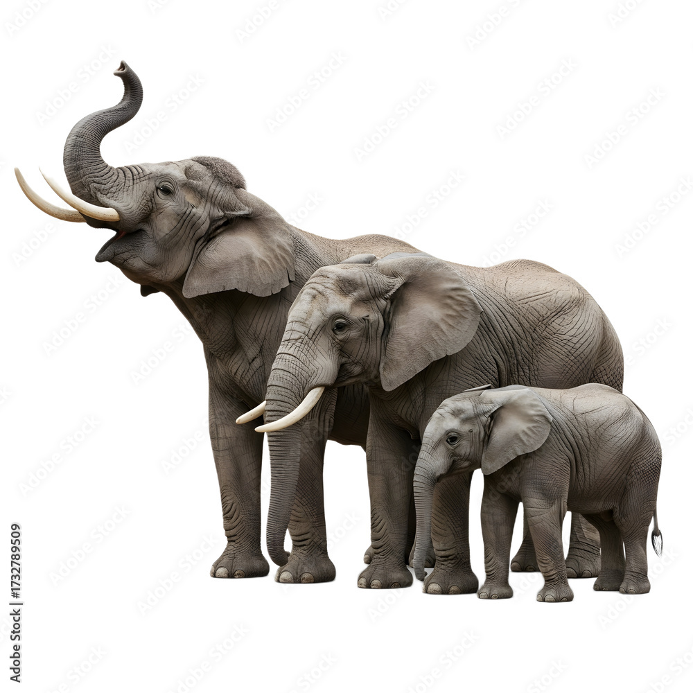 Obraz premium A family of three African elephants, an adult, juvenile, and calf, standing together in a row against a clean white background.