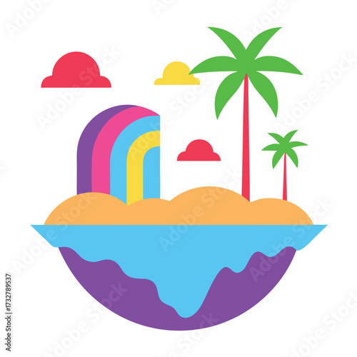 Tropical island with rainbow and palm trees clouds