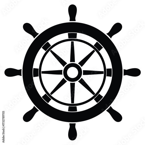 Black ship steering wheel with handles faces forward and is set against white