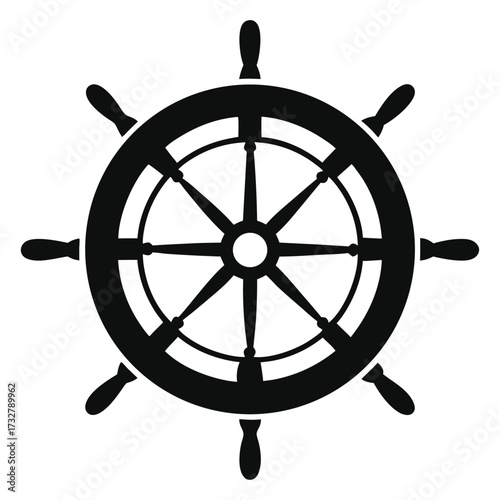 A black ship wheel with handles and a simple design is centered