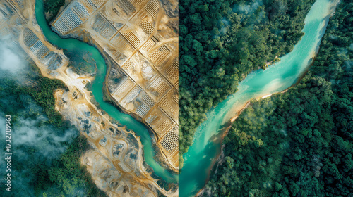 Split Aerial of the Amazon: Geometric Mining Clearings Versus Pristine Rainforest and Turquoise River