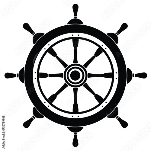 Black silhouette shows a ship's wheel, with its eight handles against a white backdrop