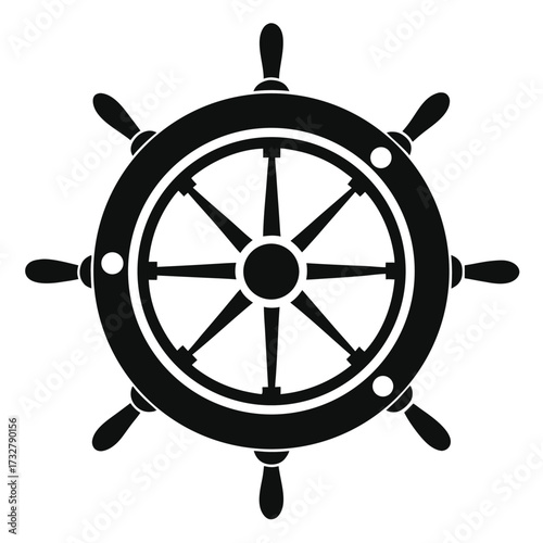 Black ship wheel with eight handles is centered on a white background