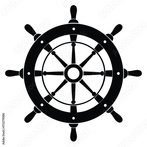 Black helm wheel with eight handles symbolizes nautical navigation and maritime history