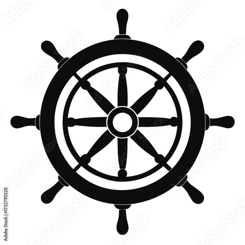 Isolated black nautical ship wheel shows vintage marine navigation equipment on a white backdrop