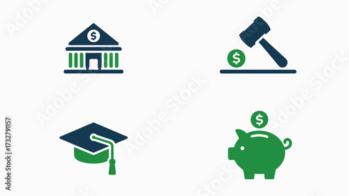Set of financial icons vector illustration in green and blue representing banking auction education and savings
