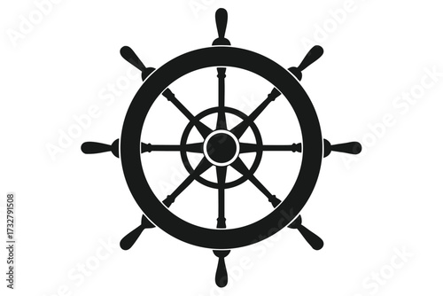 Black ship wheel with eight handles sits centered on a plain white background