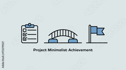 Minimalist icon set of clipboard bridge and flag simple vector design elements representing project management success and achievement