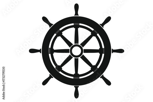 Isolated black ship steering wheel design implies vintage nautical theme on a white backdrop