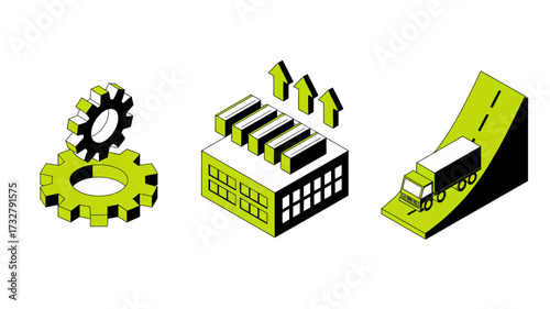 Isometric icons of industry and logistics gear factory with arrows and truck on ramp vector illustration for business and technology concepts