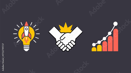 Business concept icons including startup partnership and growth chart flat vector design for presentations and infographics