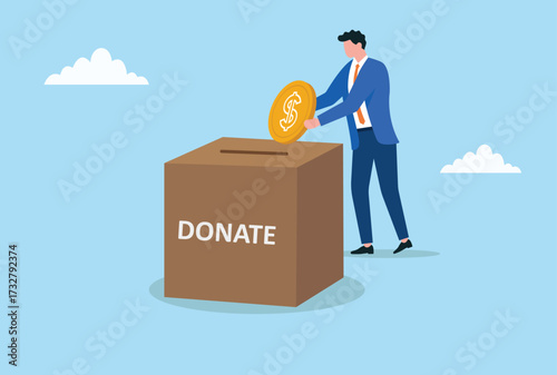 Vector illustration of a businessman putting a coin into a donation box, symbolizing charity, generosity, social responsibility, and helping others
