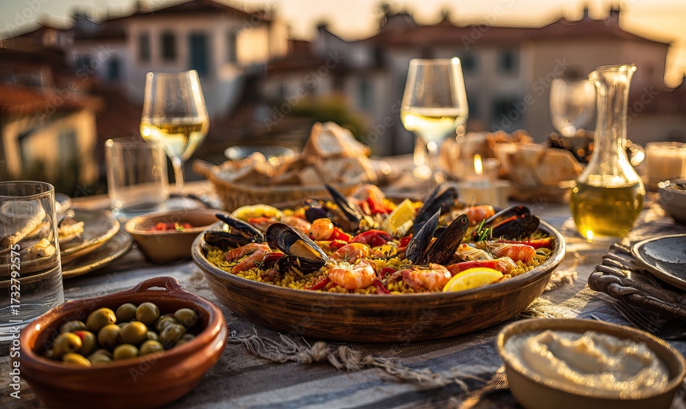 Fototapeta premium Delicious and inviting paella feast served with wine and olive oil