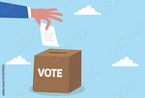 Vector illustration of a hand dropping a ballot into a voting box, symbolizing democracy, election, civic duty, freedom of choice, and public participation
