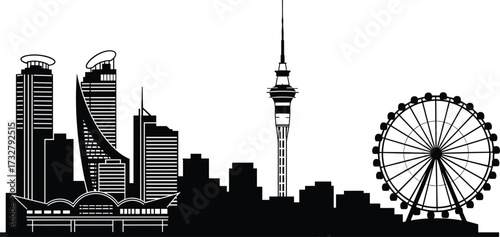 Black and white city skyline silhouette with modern architecture, iconic tower, and Ferris wheel representing urban life and architectural diversity.