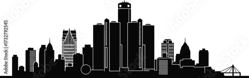 Black and white Detroit city skyline silhouette with bridge and Ferris wheel, showcasing iconic architecture, urban design, and landmark structures.